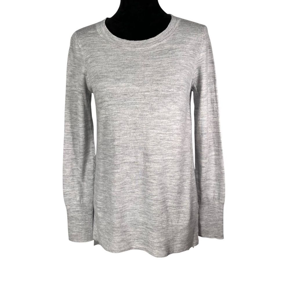 Ellen Tracy Gray Wool Sweater Merino Heathered Grey Pullover High Low Crew Neck
